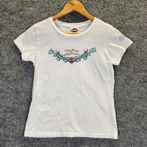 Harley Davidson T-Shirt Women's Small‎ White Floral Daytona Beach Made USA